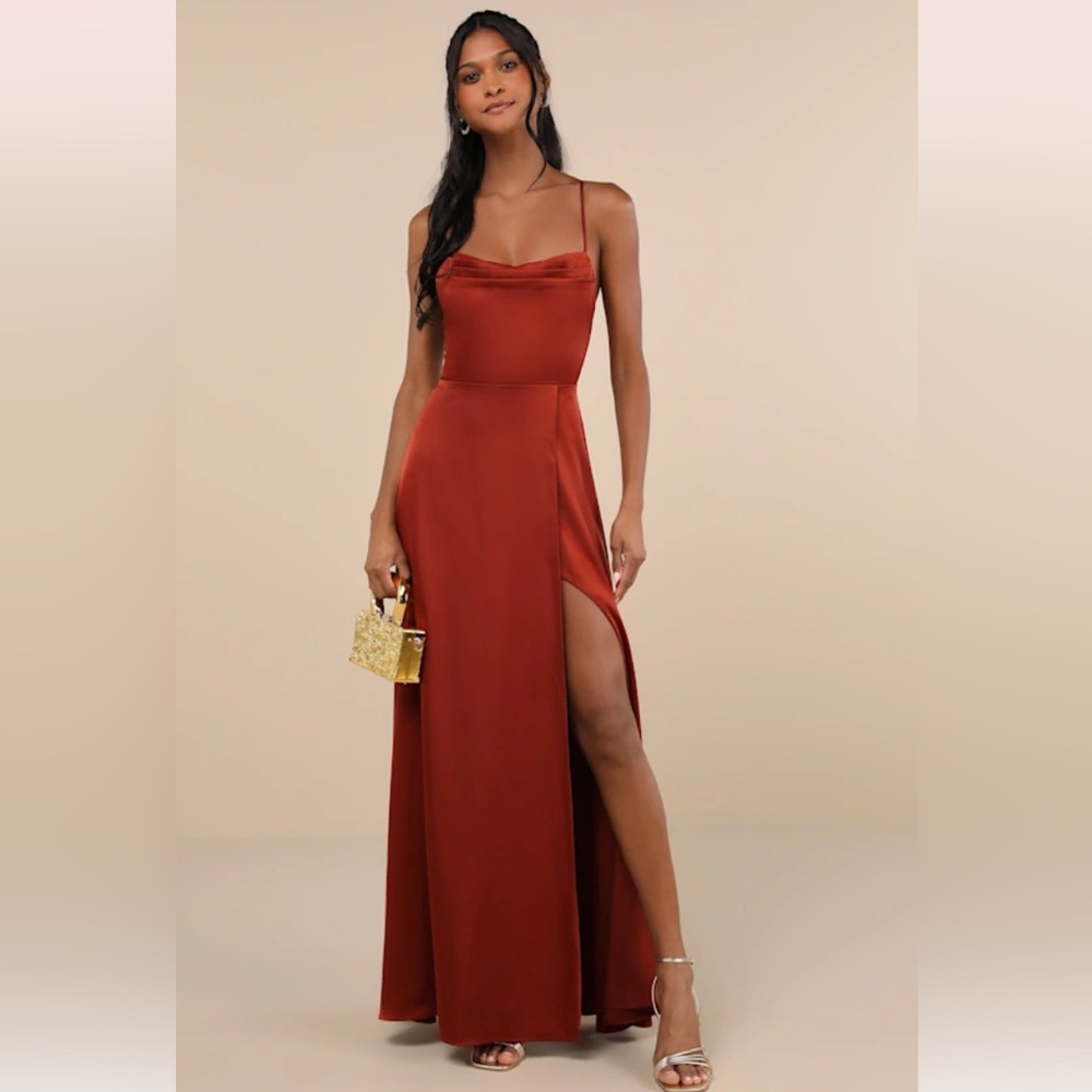 So Loving Rust Orange Satin Pleated Lace-Up Backless Maxi Dress